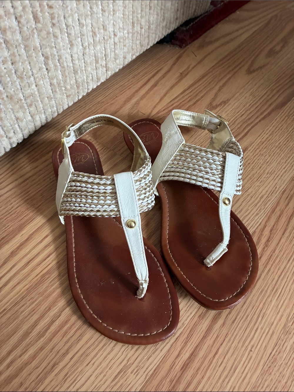 Women’s White and Gold Woven T-Strap Sandals